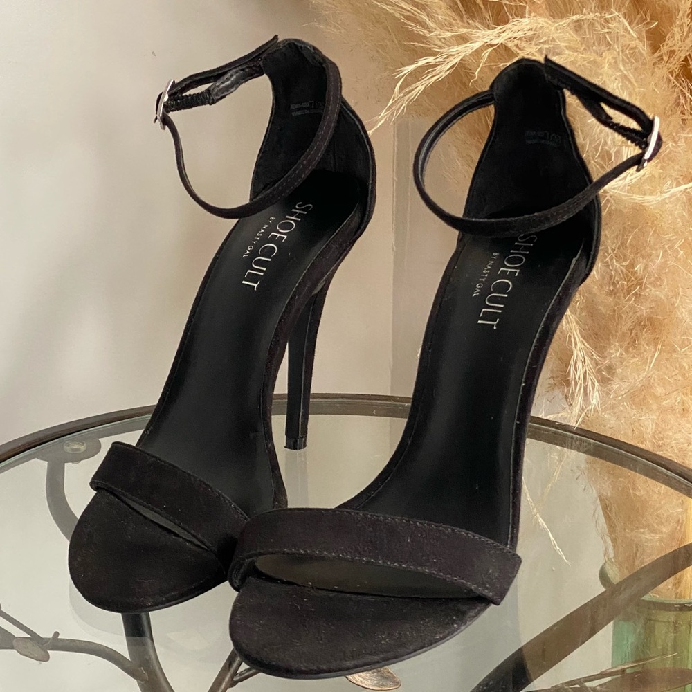 Black Faux Suede Strappy Stiletto Sandals